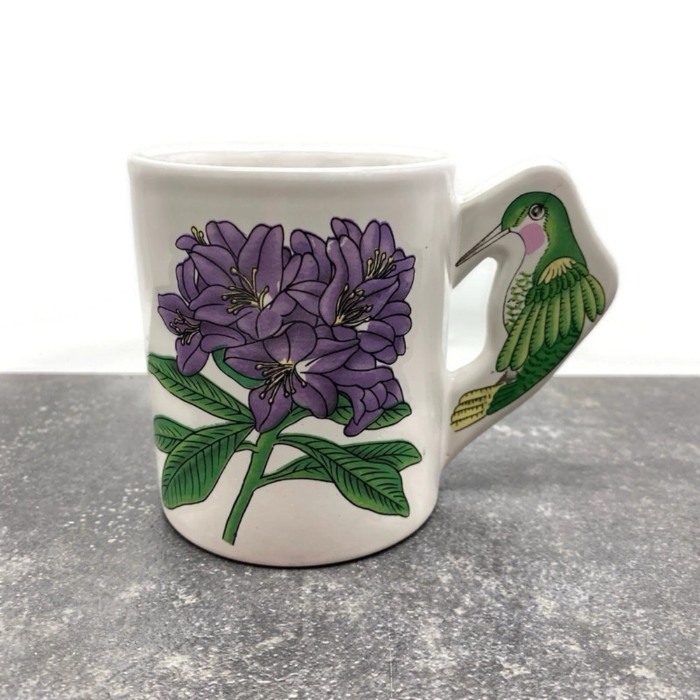 Hummingbird Handle Coffee Mug Purple Flower Agapanthus Lily 8 oz Ceramic